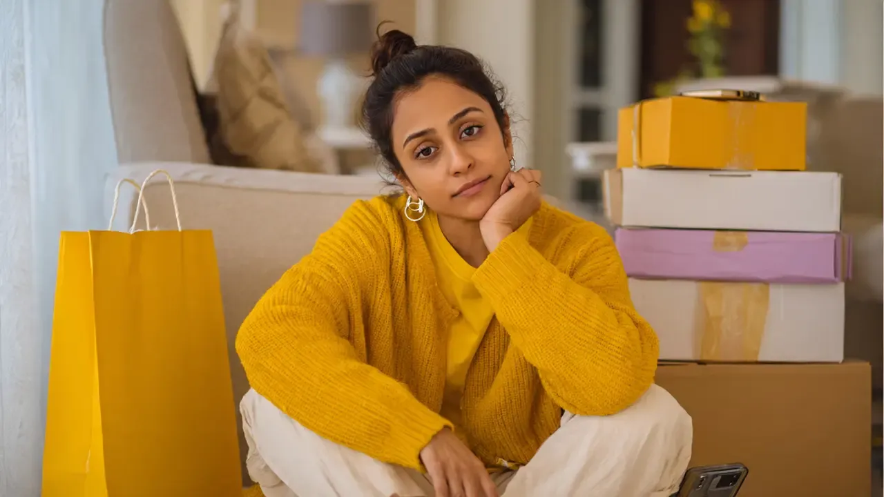 Indian woman emotional shopping after stressful day