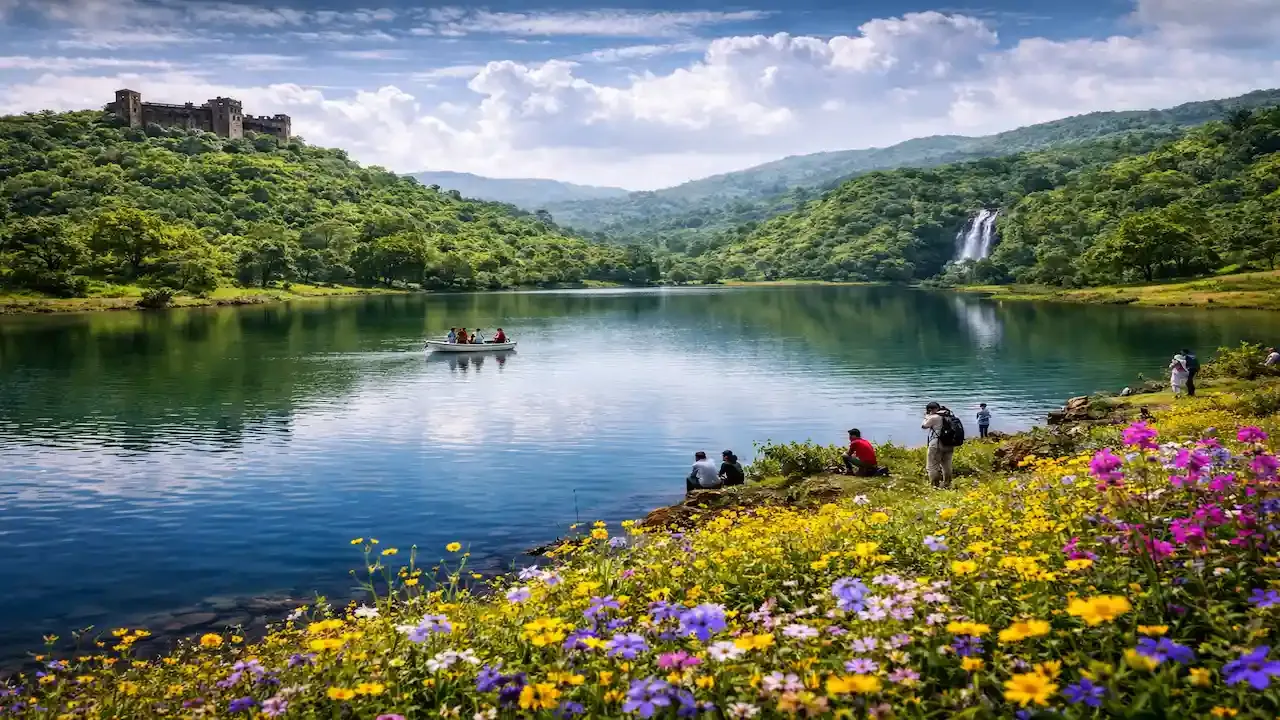 Kaas Lake Satara's calm water surrounded by green hills, colorful flowers in foreground, tourists enjoying boating and photography near waterfall and historic Sajjangarh Fort landscape