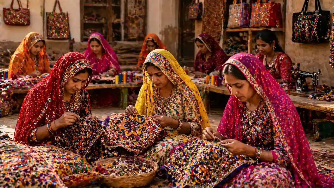 armer village women stitching colorful embroidery on traditional fabrics, working together in handicraft workshop, showcasing self help groups, skill training and women empowerment through local textile art