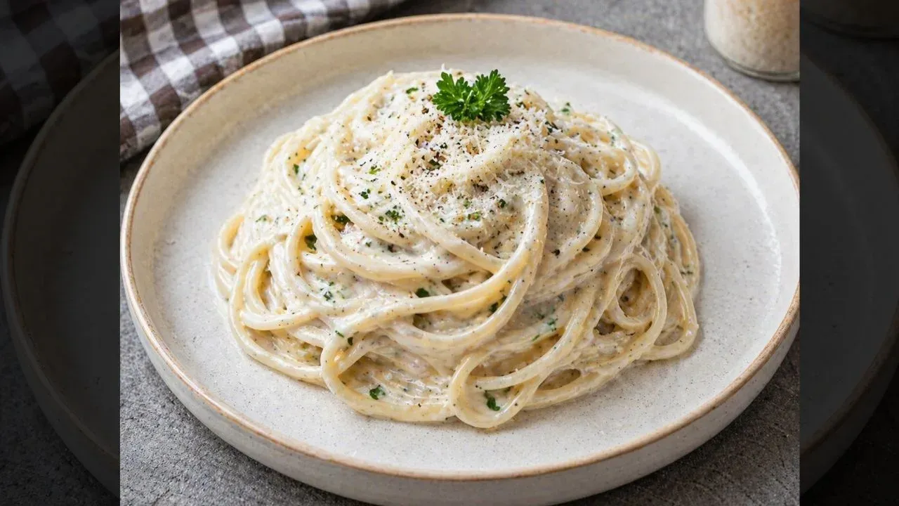 Creamy spaghetti with white sauce, herbs, and grated cheese on a plate