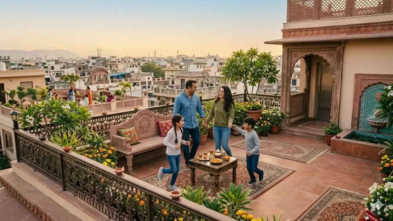 A happy family spending time together and enjoying the city view on Haveli rooftop in Old Delhi.