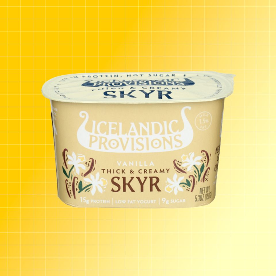 A container of Icelandic Provisions Skyr yogurt on a yellow background Credit: Sprouts. EatingWell design.