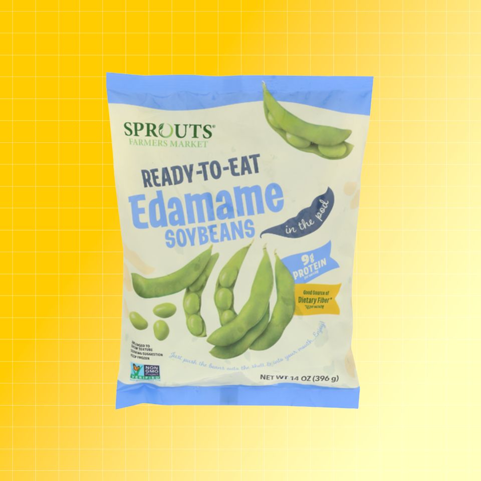 Sprouts readytoeat edamame soybeans package on a gradient background Credit: Sprouts. EatingWell design.