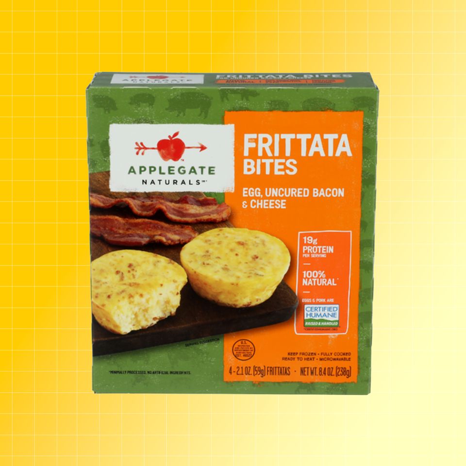 Box of Applegate Naturals Frittata Bites with bacon and cheese displayed on yellow background Credit: Sprouts. EatingWell design.