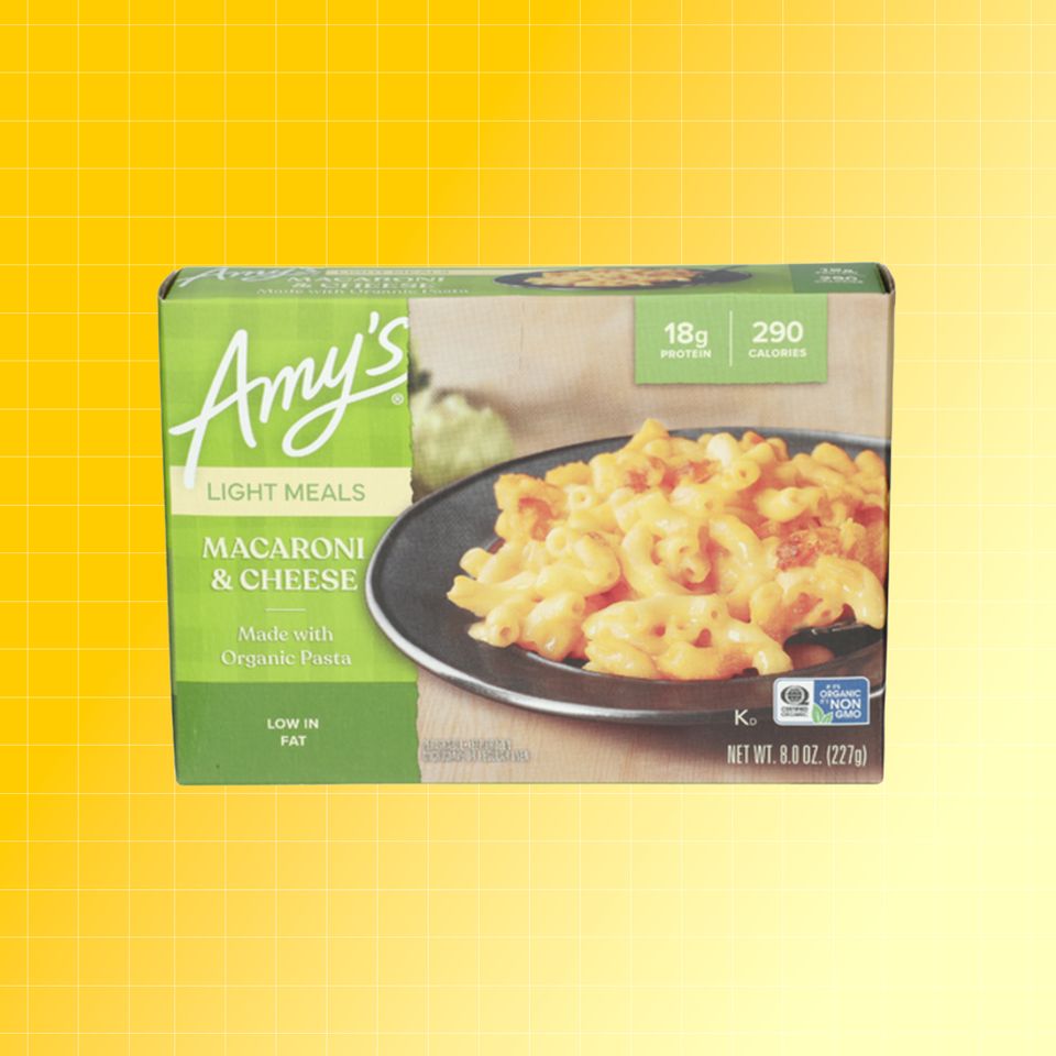 Amys Macaroni Cheese packaged meal on a yellow background Credit: Sprouts. EatingWell design.