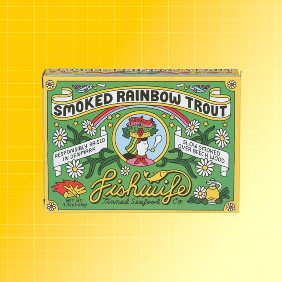 A package of smoked rainbow trout from Fishwife brand with decorative design Credit: Sprouts. EatingWell design.