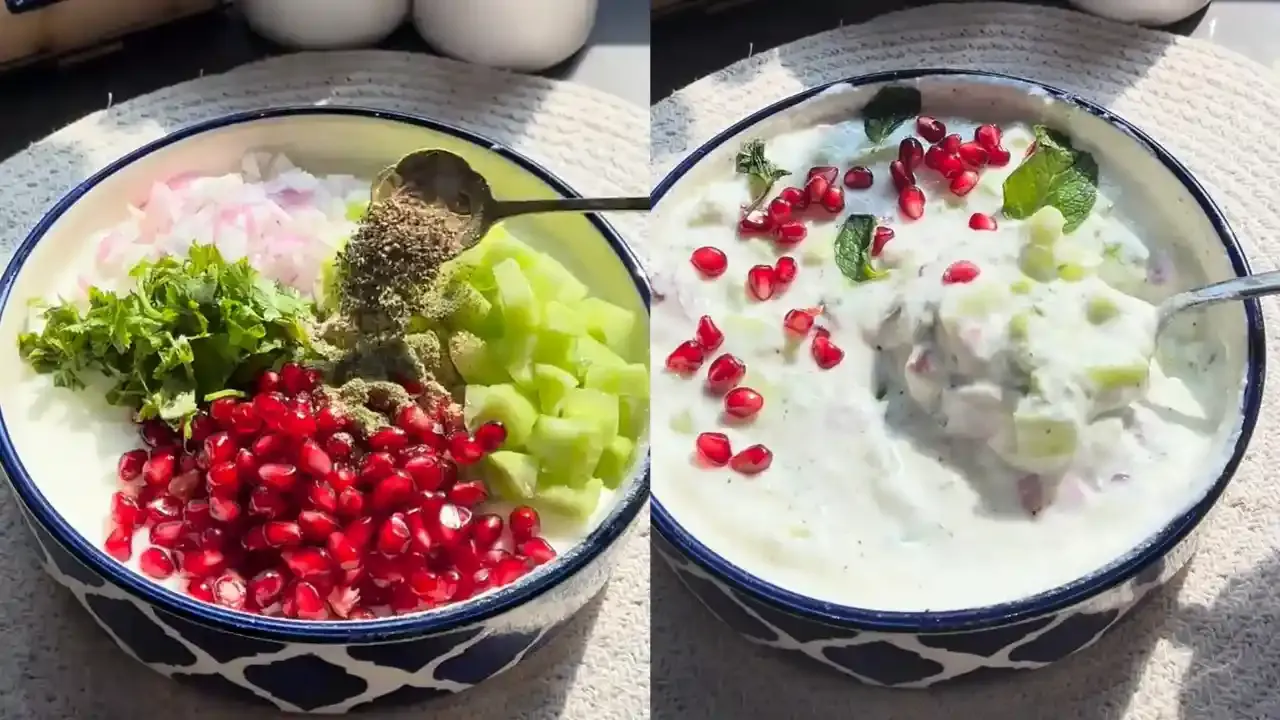 Fresh mix veg raita preparation featuring chopped cucumber, onions, pomegranate seeds, coriander, and spices in a decorative bowl.