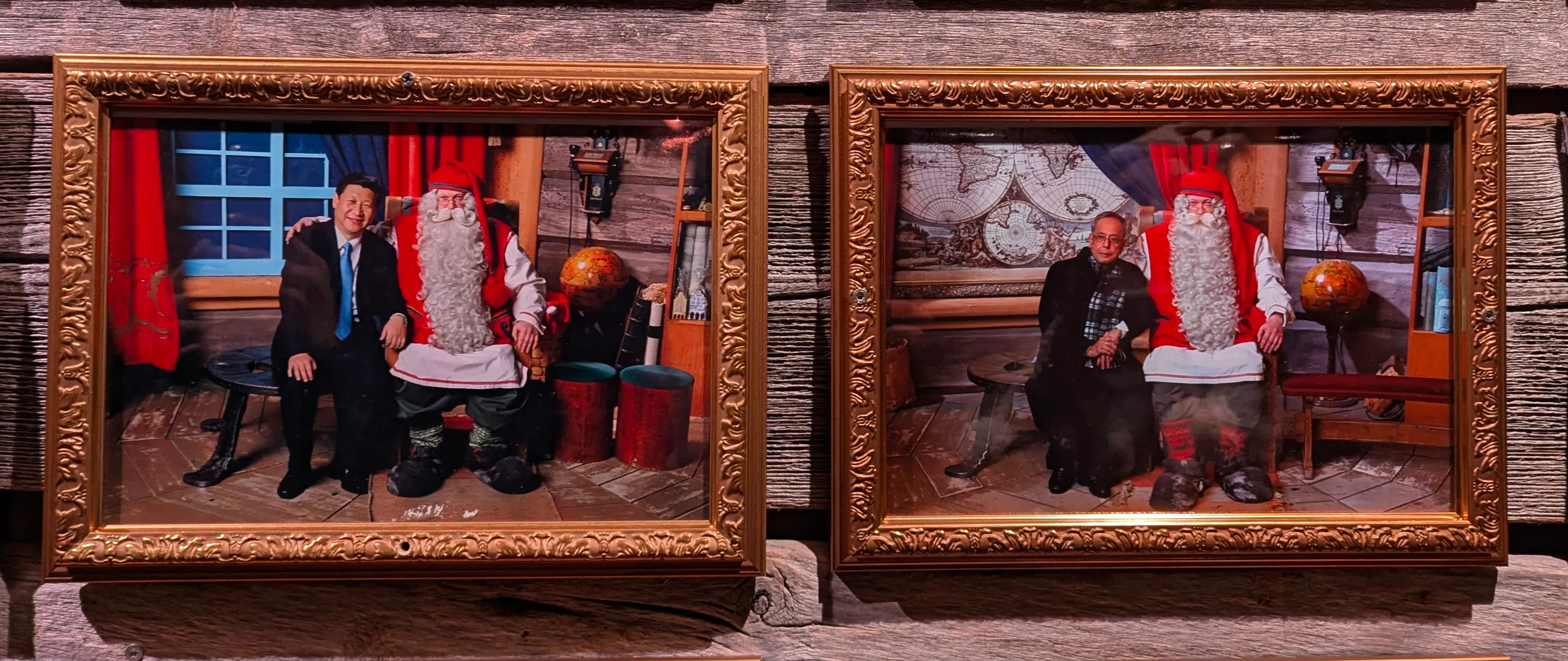 Chinese President Xi Jinpings photo with Santa Claus is framed next to former Indian President Pranab Mukherjees. Photo: Author Chinese President Xi Jinpings photo with Santa Claus is framed next to former Indian President Pranab Mukherjees. Photo: Author