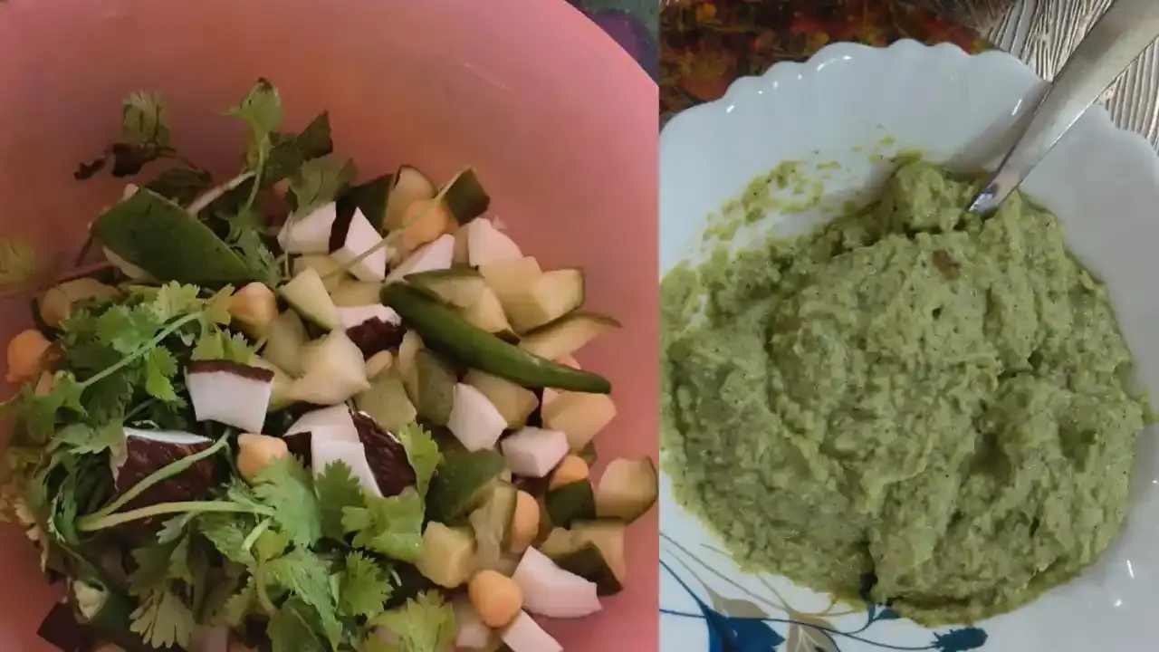 Raw ingredients including chopped mango, coconut chunks, and cilantro in a pink bowl next to fresh green chutney.