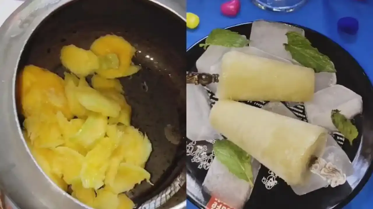 Fresh sliced mangoes in a metal bowl alongside homemade mango mint popsicles served on ice with mint leaves.