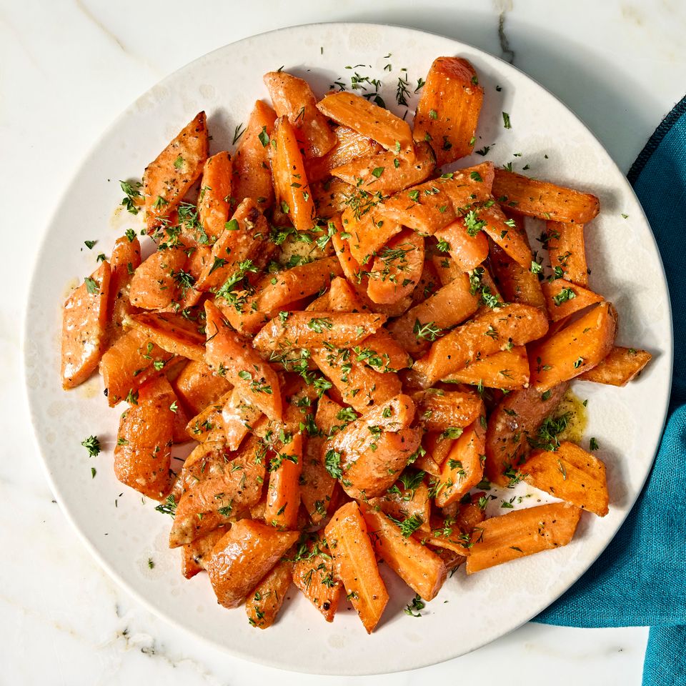 Recipe image of Roasted Carrots with Mustard Vinaigrette. Credit: Photographer: Jen Causey, Food Stylist: Julian Hensarling, Prop Stylist: Christina Daley.