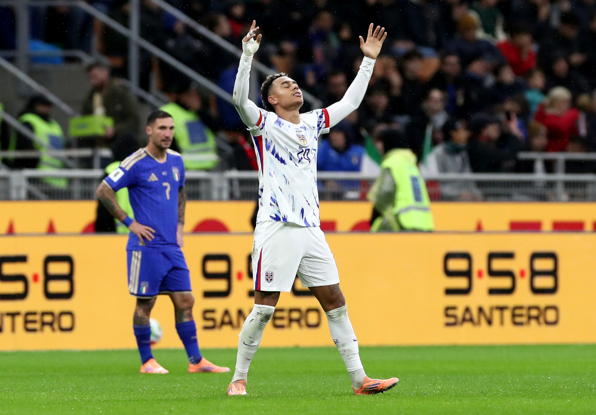 MILAN, ITALY - NOVEMBER 16: Antonio Nusa of Norway celebrates scoring his team's first goal during the FIFA World Cup 2026 qualifier match between Italy and Norway at San Siro Stadium on November 16, 2025 in Milan, Italy. (Photo by Marco Luzzani/Getty Images)