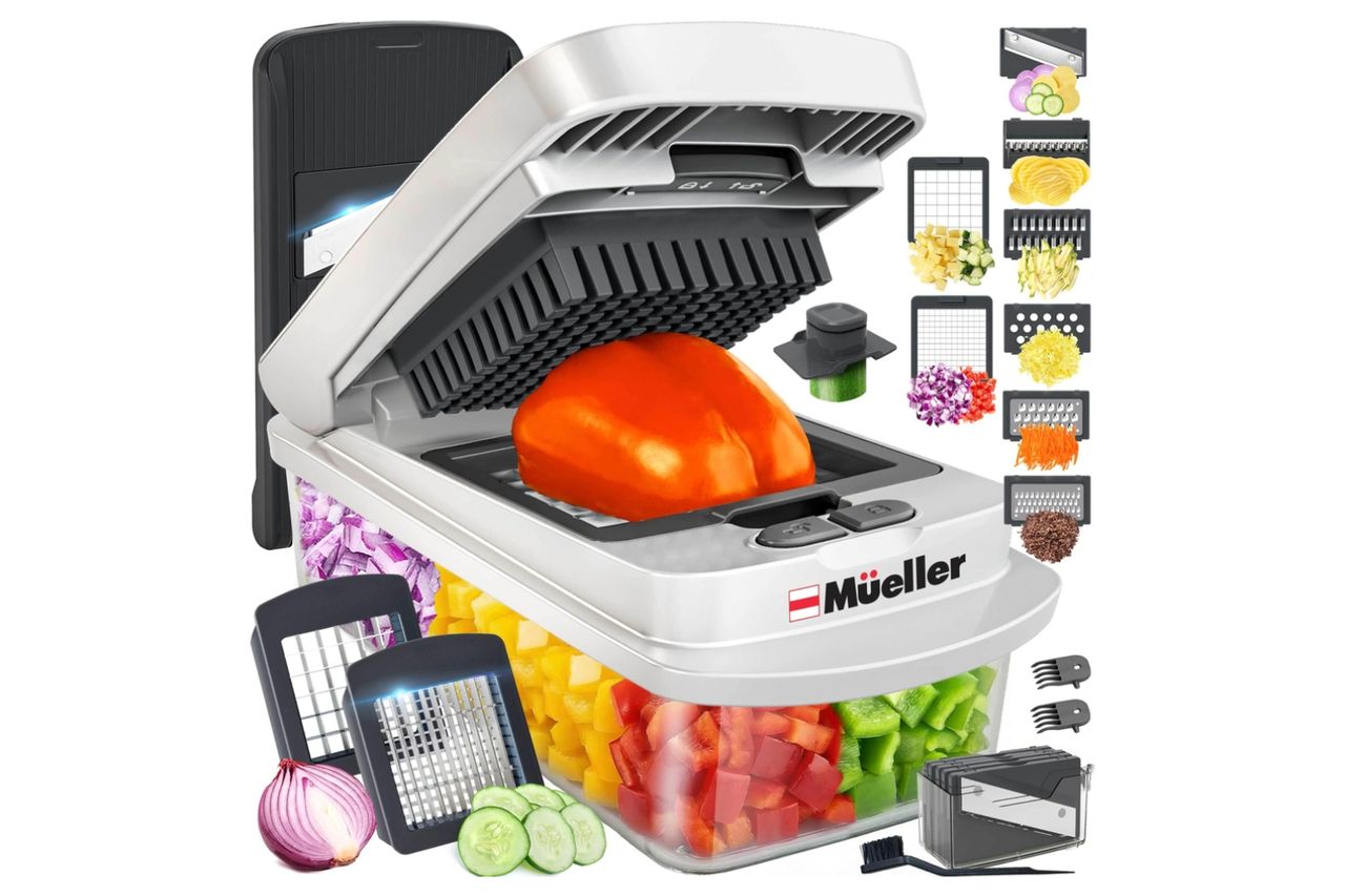 Mueller The Real Original Pro Chopper since 2013 Vegetable Chopper Mandoline Slicer, 8 Blade Food Veggie Chopper Onion Vegetable Cutter with Container, Kitchen Gadgets & Essentials, (10 in 1) Credit: Amazon