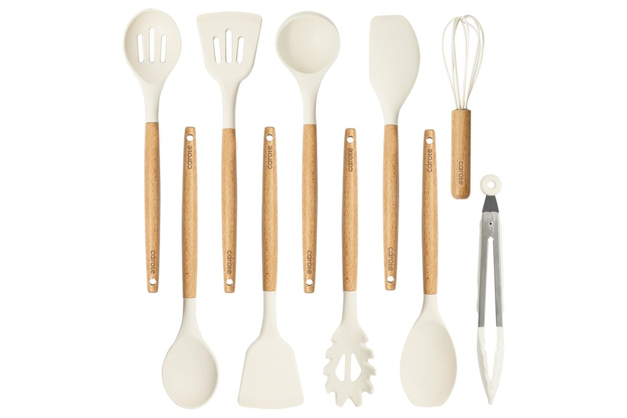 CAROTE Silicone Cooking Utensils Set, Kitchen Utensils Set 10 Pcs for cooking, BPA Free Spatula Set with Heat Resistant Wood Handles for Nonstick Cookware (Cream White) Credit: Amazon
