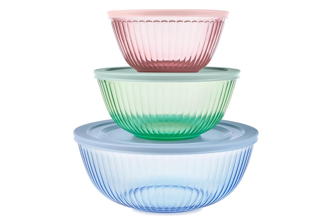 Pyrex Colors Tinted Sculpted Tinted Glass Mixing Bowls Credit: Amazon