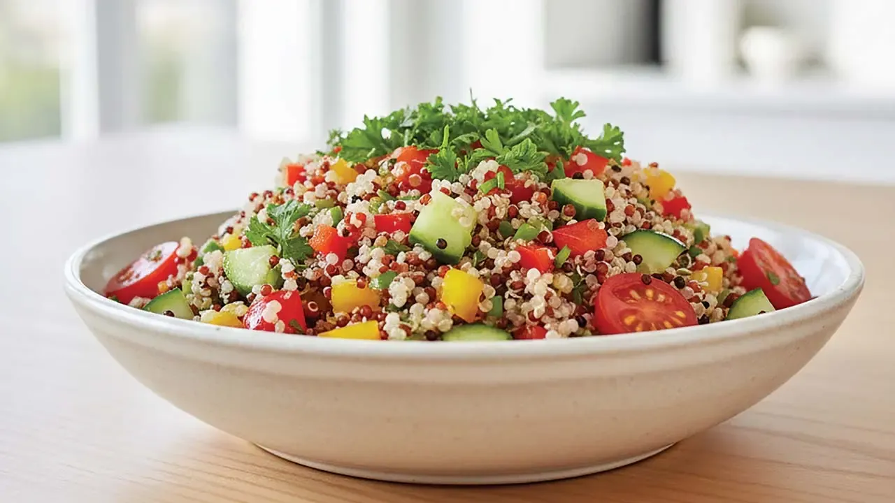 A colorful quinoa salad bowl mixed with diced cucumbers, cherry tomatoes, yellow and red bell peppers, topped with fresh chopped parsley