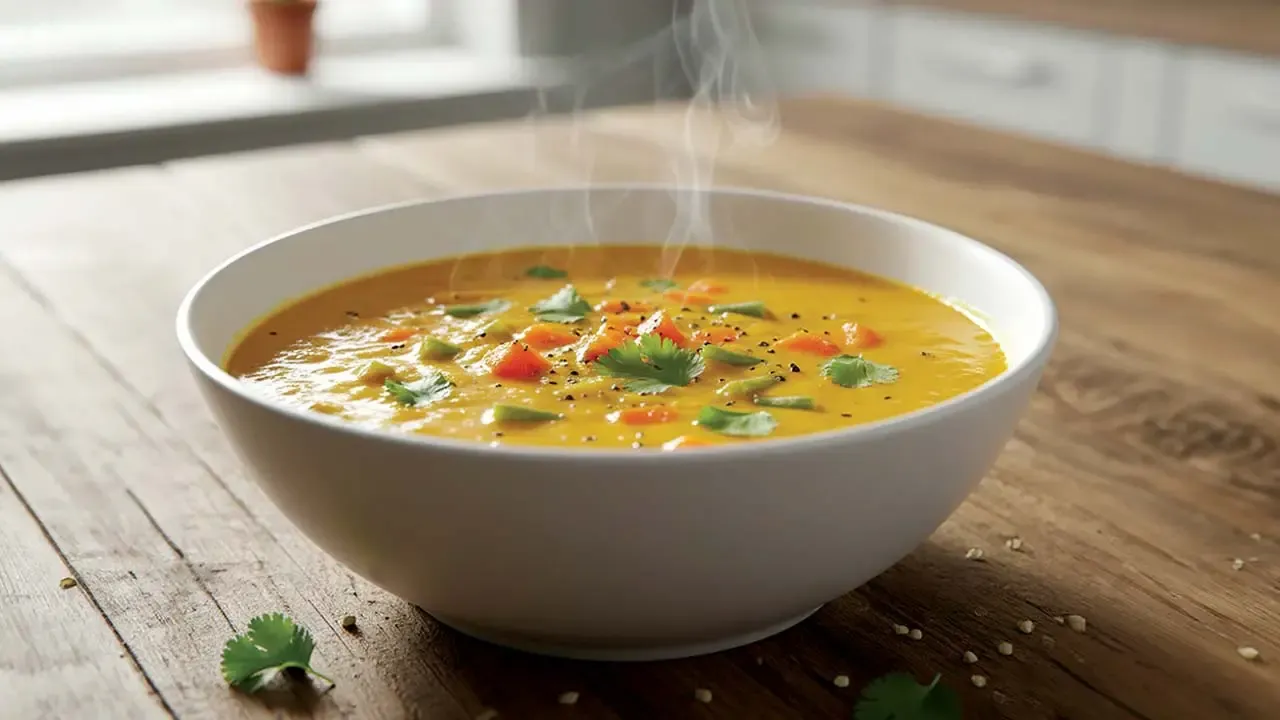 A large white ceramic bowl filled with creamy, steaming hot lentil pumpkin soup, garnished with diced carrots, black pepper, and fresh cilantro leaves on a rustic wooden table