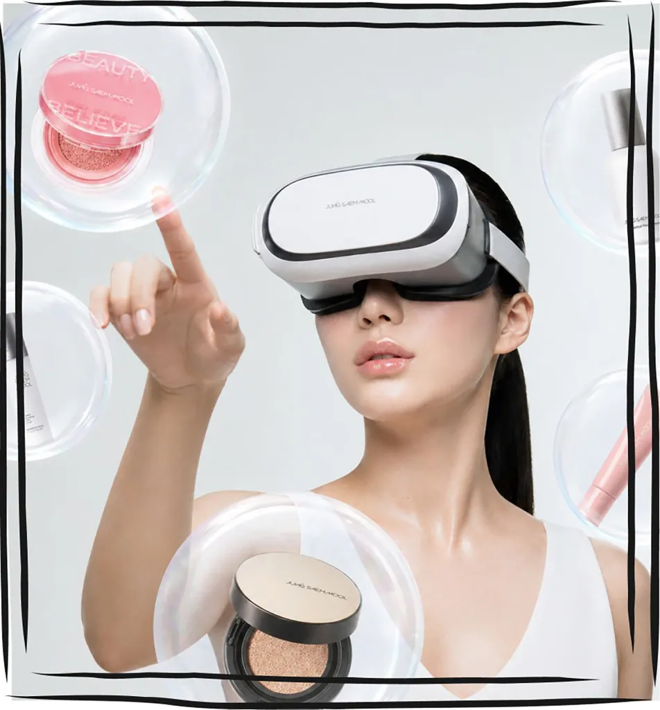 A woman in a white tank top wears a VR headset and reaches out, surrounded by bubbles containing makeup products.