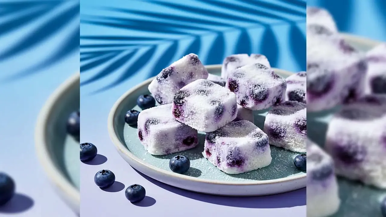 Frozen yogurt blueberry cubes dusted with desiccated coconut on a gray plate under a palm shadow.
