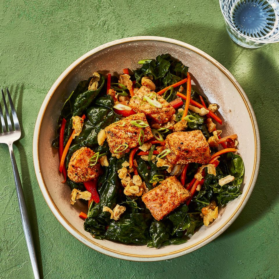 an image of the Anti-Inflammatory Salad with Roasted Salmon & Crispy White Beans Credit: Heami Lee, Food Stylist: Emily Nabors Hall, Prop Stylist: Christine Keeley
