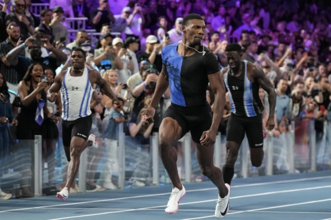 Fred Kerley won the mens 100m race at the Enhanced Games in Las Vegas on May 24, 2026. Photo by AP