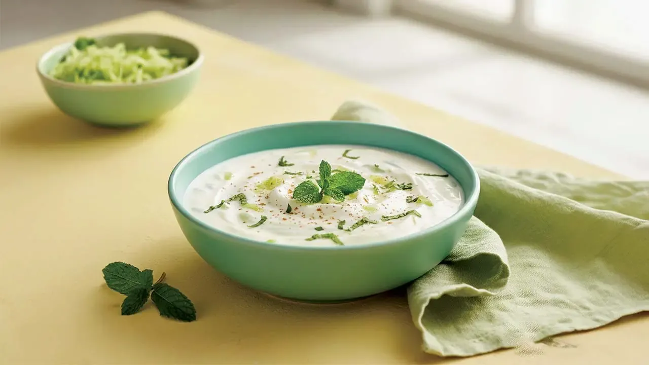 Creamy thick cucumber raita in a mint green bowl, topped with roasted cumin powder and a fresh mint sprig on a beige table.