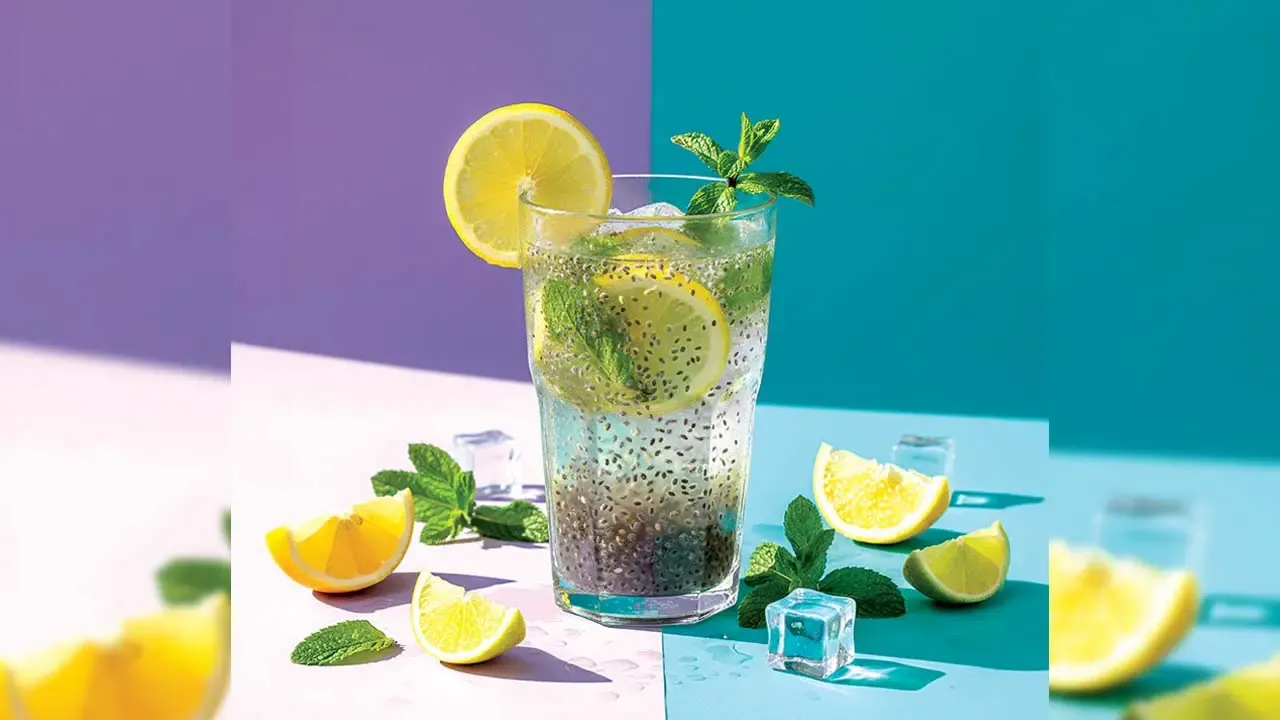 A tall clear glass of refreshing lime water filled with hydrated sabja seeds, sliced ​​lemons, and mint leaves, placed on a pastel purple and blue background with ice cubes around it.
