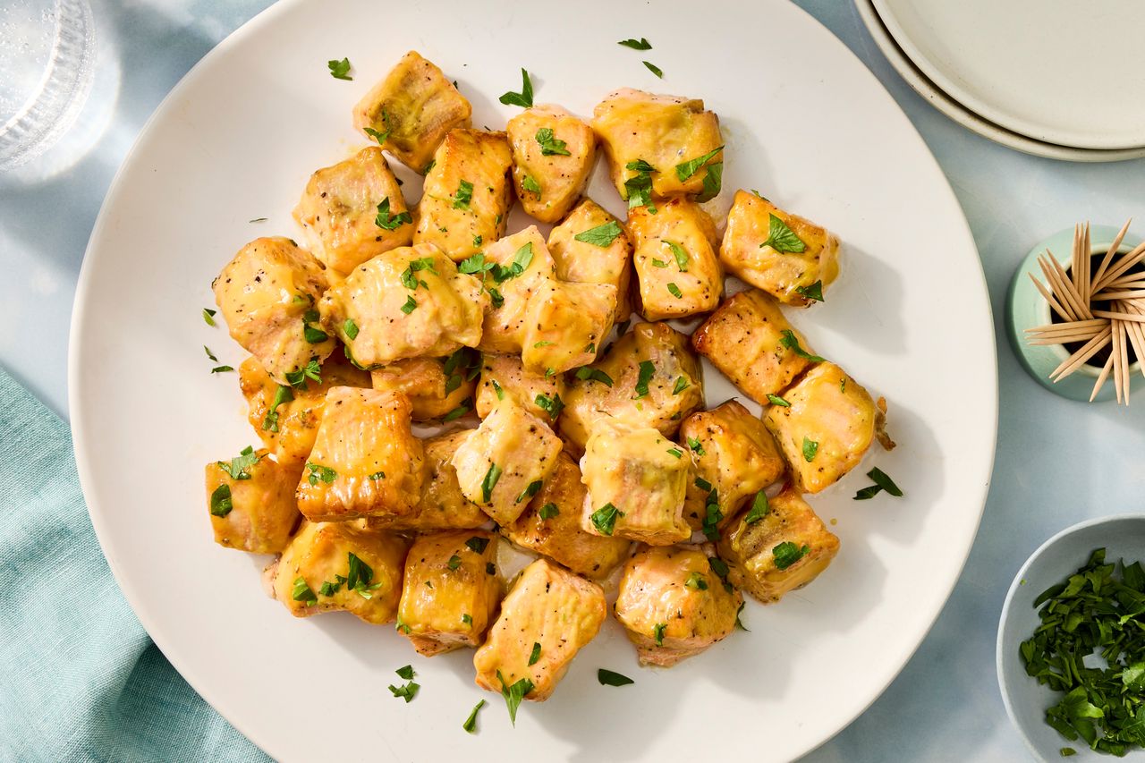 an image of the Honey-Mustard Salmon Bites Credit: Photographer: Robby Lozano, Food Stylist: Amanda Holstein, Prop Stylist: Abby Armstrong