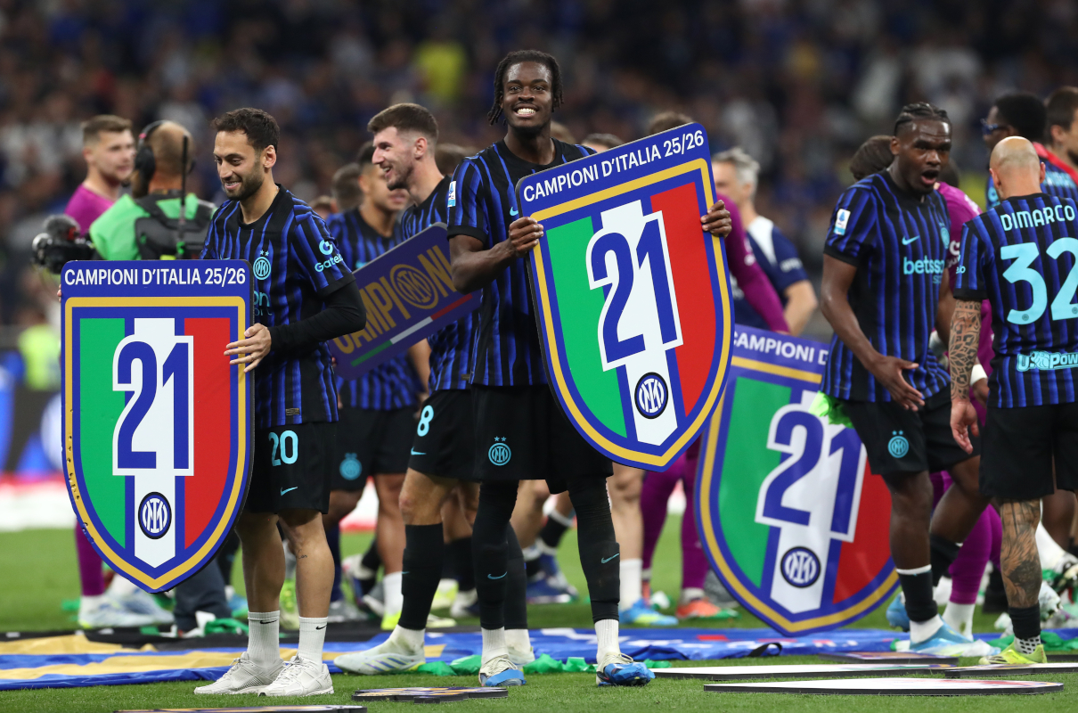 MILAN, ITALY - MAY 03: Yann Aurel Bisseck of FC Internazionale Milano celebrates after being confirmed as Serie A champions following victory in the Serie A match between FC Internazionale and Parma Calcio 1913 at Giuseppe Meazza Stadium on May 03, 2026 in Milan, Italy. (Photo by Marco Luzzani/Getty Images)