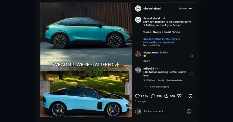 nissan trolls ferrari luce on social media