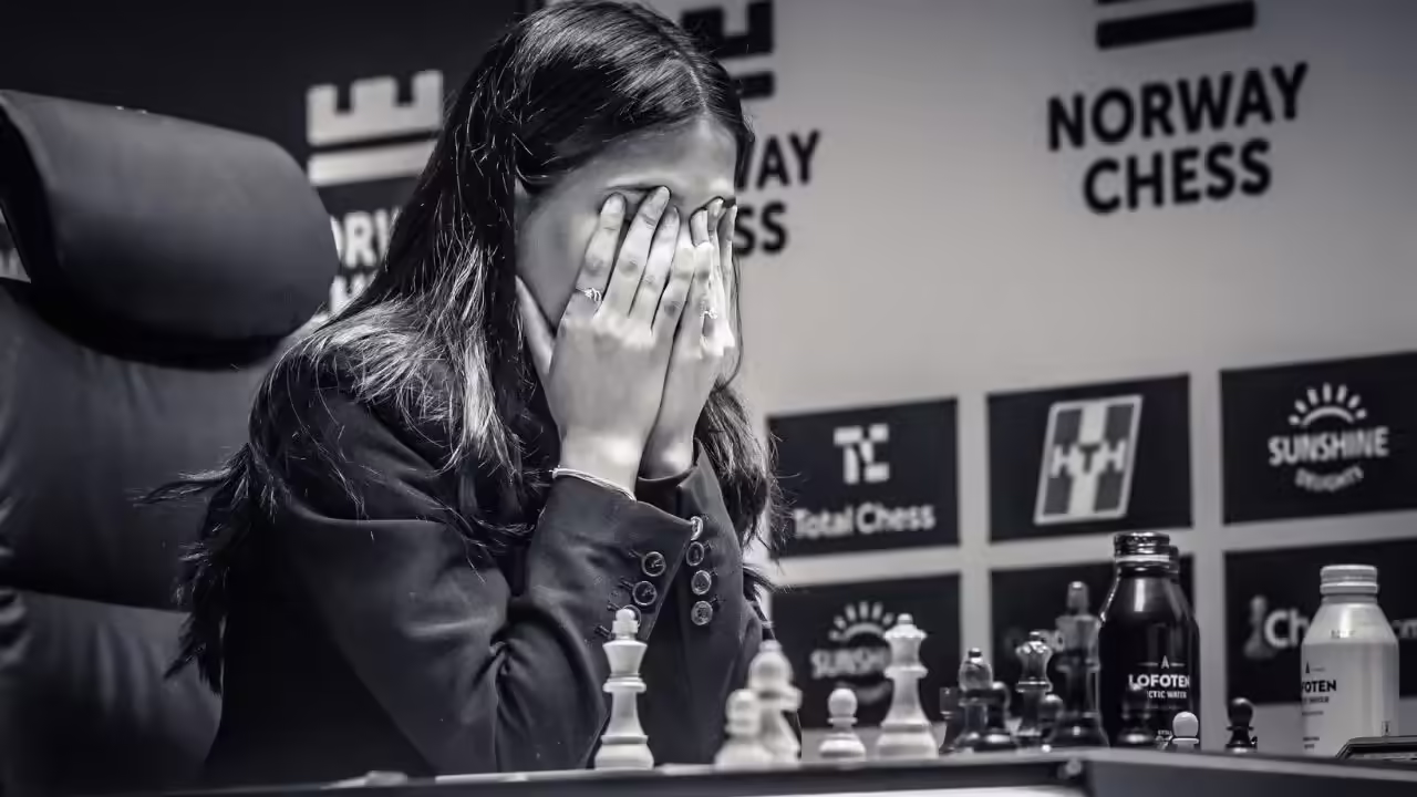 Divya Deshmukh after defeat (Photo by Michal Walusza for Norway Chess)
