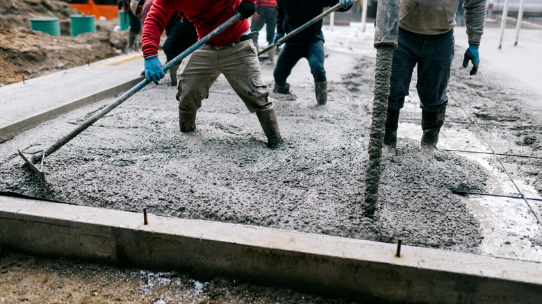 Several construction workers using tools to flatten freshly laid concrete