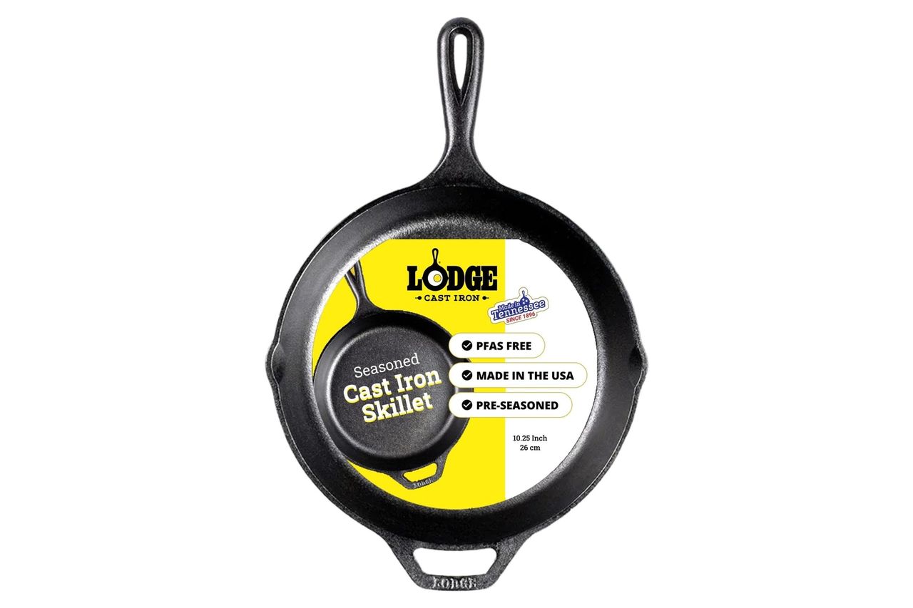 Lodge Seasoned Cast Iron Skillet - PFAS-Free, Non-Toxic Cookware - Use with an Oven, Stove, Grill, or Campfire - Naturally Non-Stick & Oven Safe - 10.25 Inches Credit: Amazon