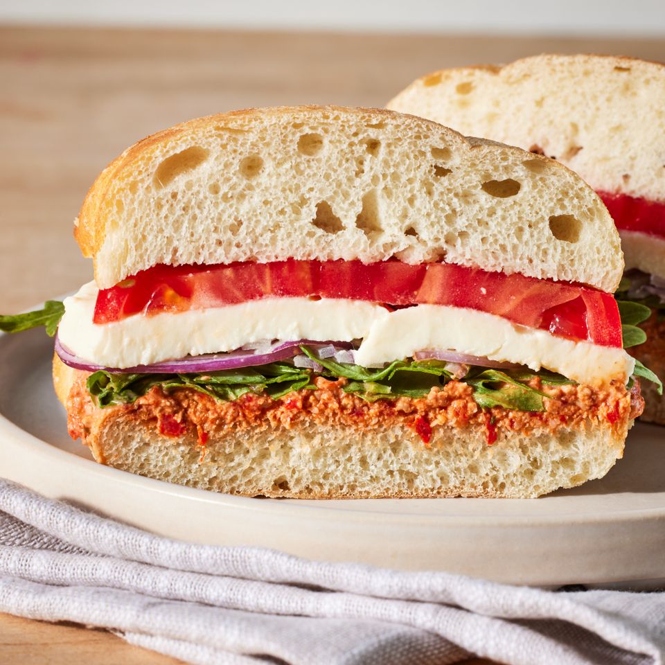 a recipe photo of the Veggie & Mozzarella Sandwich Credit: Photographer: Jen Causey, Food Stylist: Emily Nabors Hall, prop stylist: LIndsey Lower