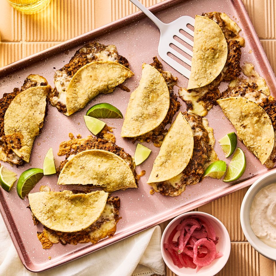 an image of the Sheet-Pan Crispy Black Bean Tacos Credit: Photographer: Morgan Hunt Glaze, Food Stylist: Julian Hensarling, Prop Stylist: Abby Armstrong