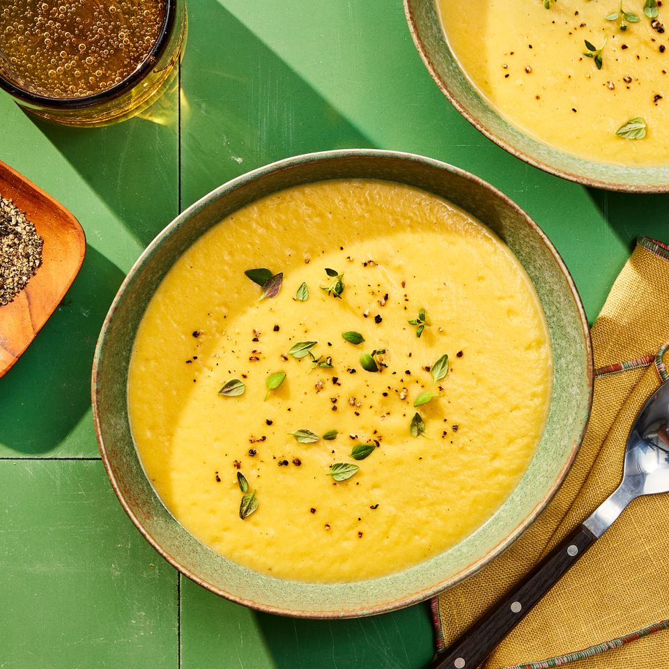 a recipe photo of the Sheet-Pan Roasted Butternut Squash Soup Credit: Photographer: Robby Lozano, Food Stylist: Jennifer Wendorf, Prop Styling: Lindsey Lower