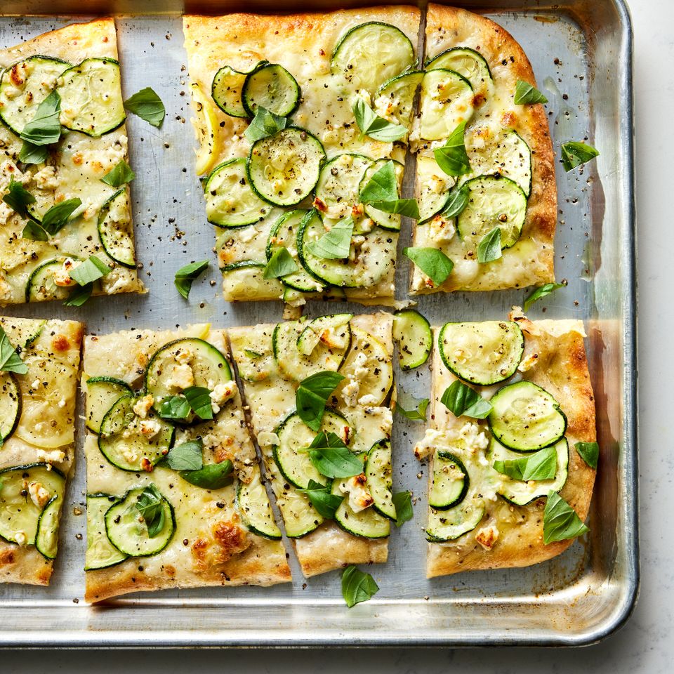 Sheet-pan zucchini pizza Credit: Photogrpaher: Morgan Hunt Glaze, Food Stylist: Chelsea Zimmer, Prop Stylist: Shell Royster
