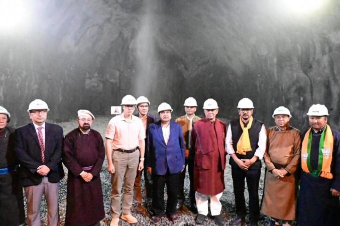 Union Minister Nitin Gadkari, J&K LG Manoj Sinha, Chief Minister Omar Abdullah and others inside the Zojila tunnel Zojila tunnel