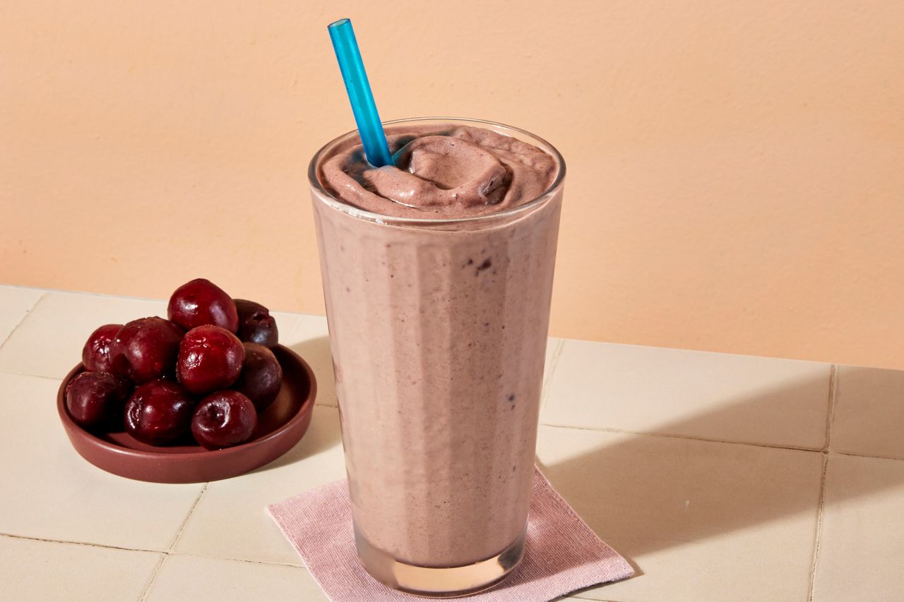 an image of the Cherry-Chocolate Protein Shake Credit: Photographer: Jen Causey, Food Stylist: Emily Nabors Hall, Prop Stylist: Lindsey Lower