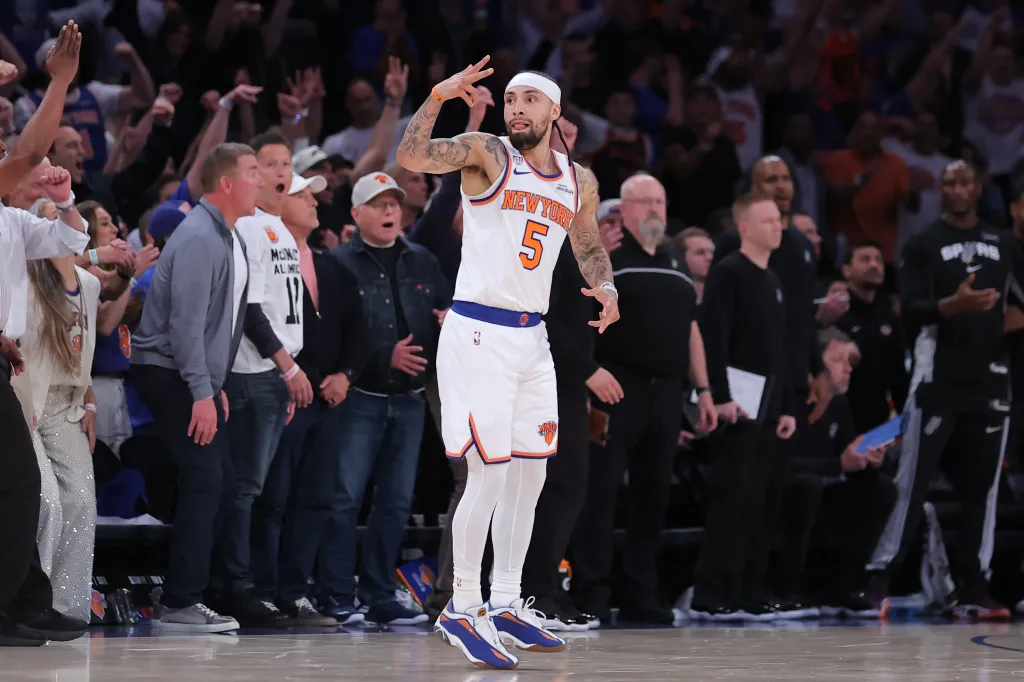 New York Knicks guard Jose Alvarado (5) reacts in the fourth quarter against the San Antonio Spurs during game four of the 2026 NBA Finals at Madison Square Garden.