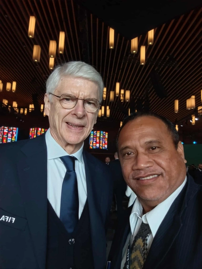 KIFF President Eriati Reebo and FIFAs Chief of Global Football Development Arsene Wenger at the FIFA Congress in Vancouver, Canada, on April 30, 2026. Photo by KIFF