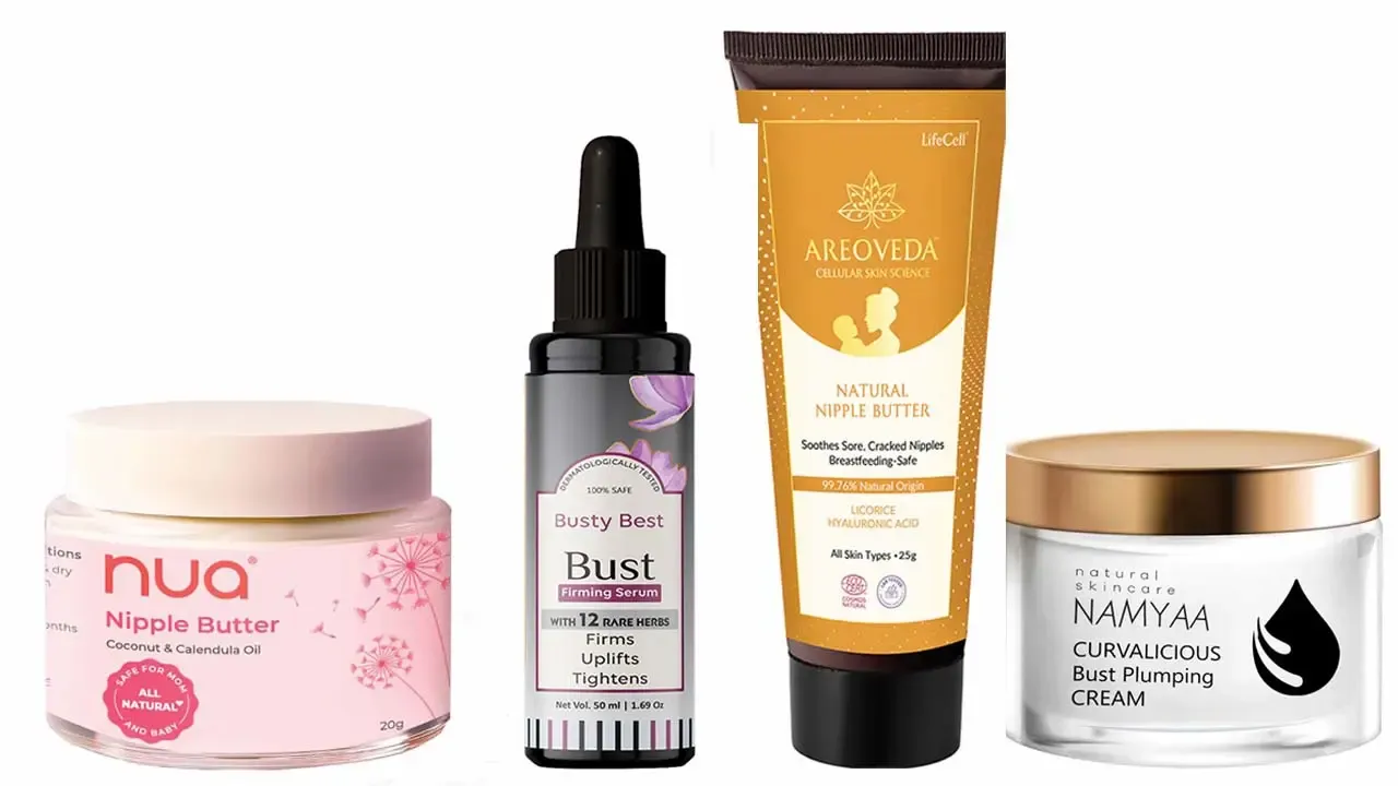 A collage of various pregnancy and postpartum body care products against a white background, featuring a jar of Nua Nipple Butter, a bottle of Busty Best Bust Firming Serum with a dropper cap, a tube of Areoveda Natural Nipple Butter, and a jar of Namyaa Curvalicious Bust Plumping Cream.