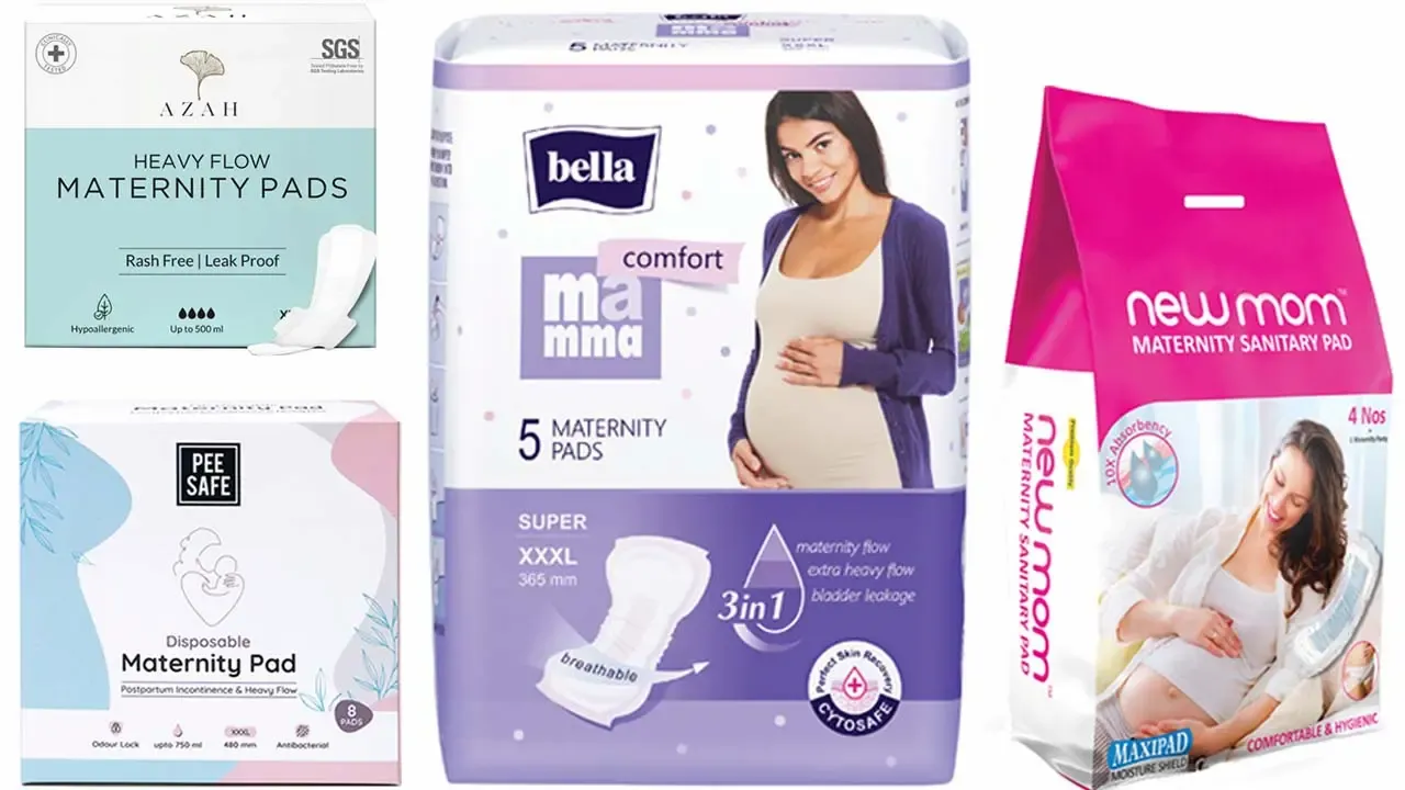 A collage of various postpartum personal care products against a white background, featuring Azah Heavy Flow Maternity Pads, Pee Safe Disposable Maternity Pad box, Bella Mamma Comfort Maternity Pads package, and New Mom Maternity Sanitary Pad packet.