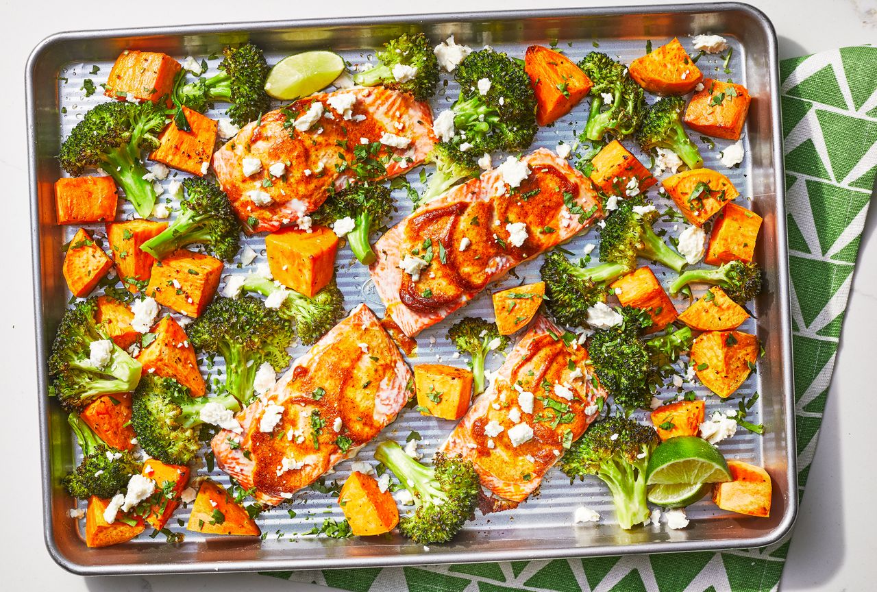 Sheet-pan salmon with sweet potatoes & broccoli recipe Credit: Photography: Caitlin Bensel, Food Styling: Emily Nabors Hall
