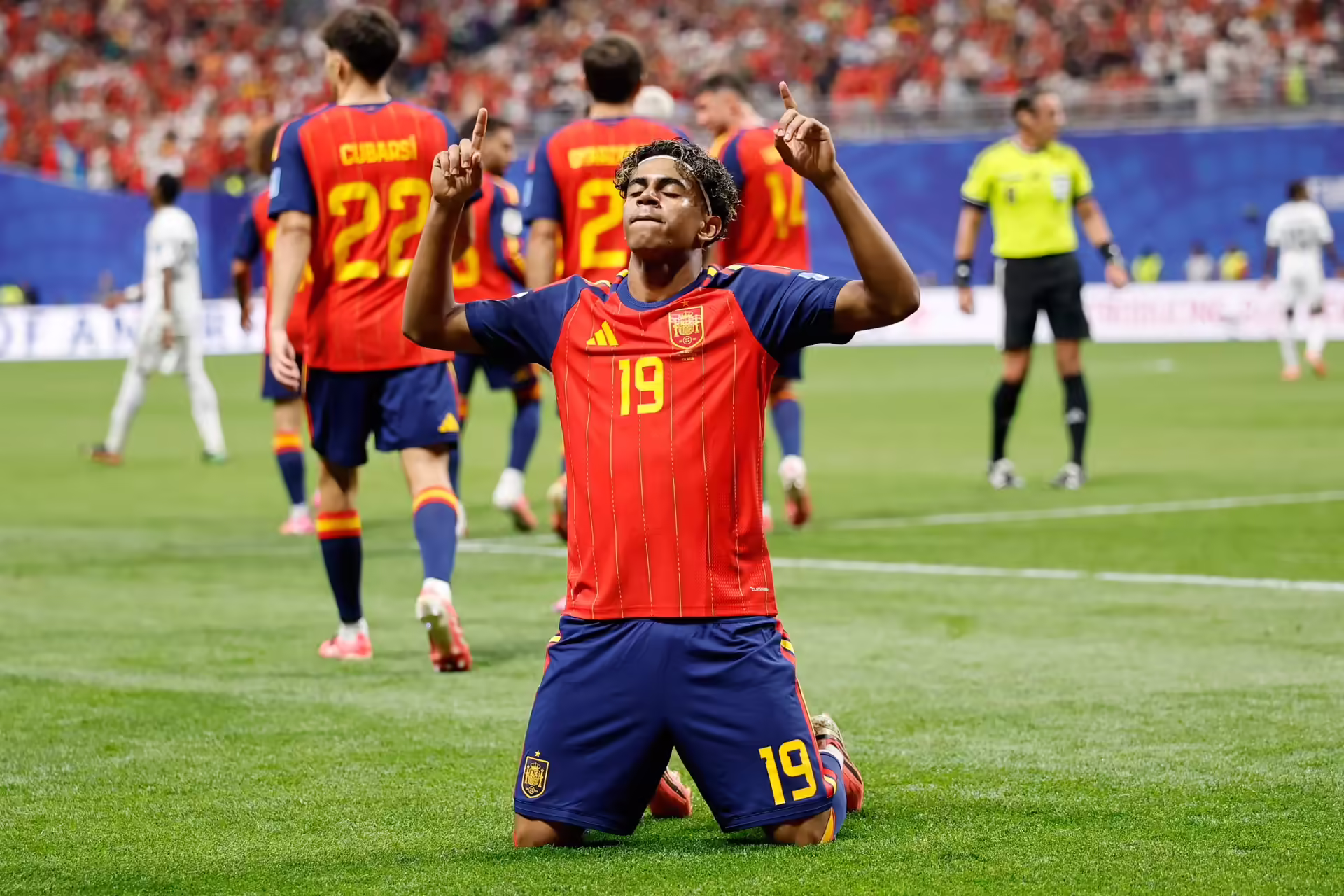 Spain's Lamine Yamal celebrates after scoring his side's opening goal during the World Cup Group H soccer match between Spain and Saudi Arabia in Atlanta, Sunday, June 21, 2026. (AP Photo/Erik S.Lesser) Spain’s Yamal and Oyarzabal shine against Saudi Arabia, and other World Cup highlights, in photos