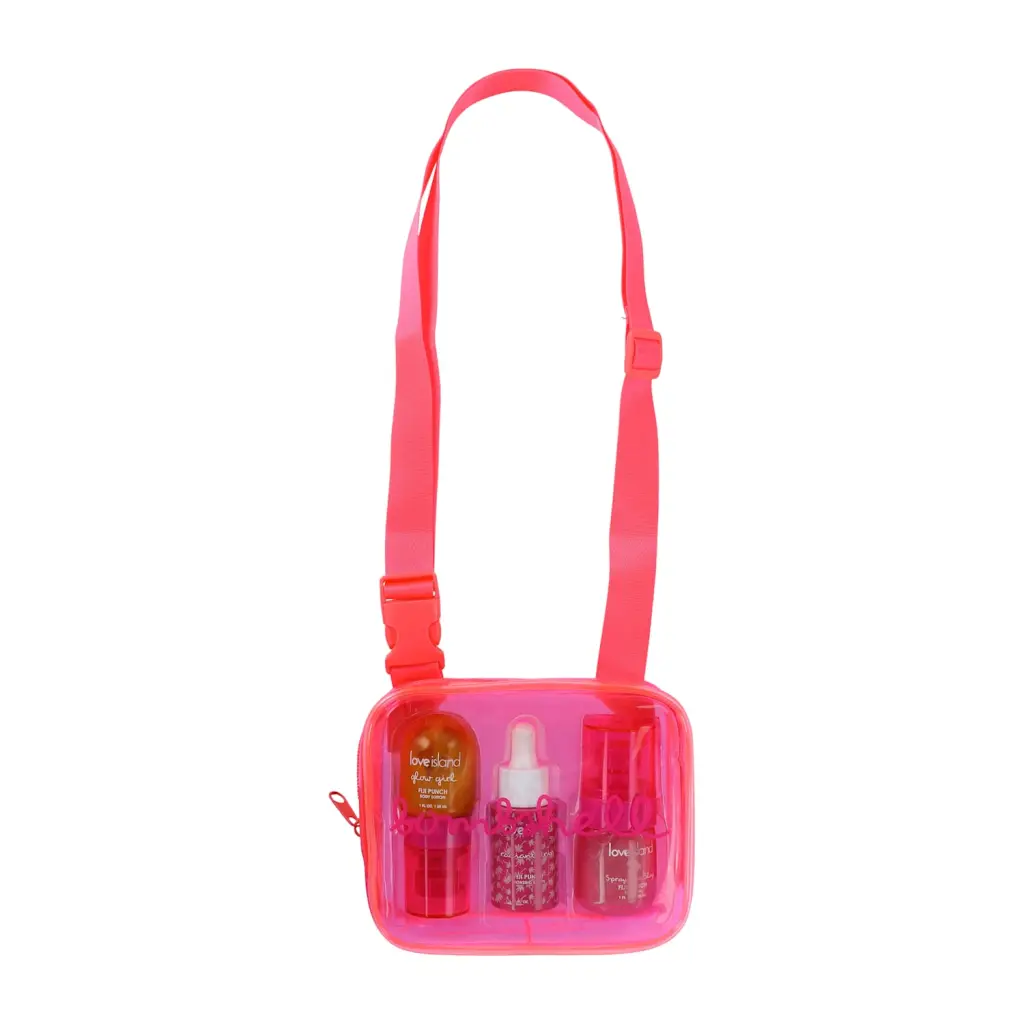 A clear pink fanny pack with a bright pink strap, containing "Love Island glow girl" body lotion, face serum, and body mist.