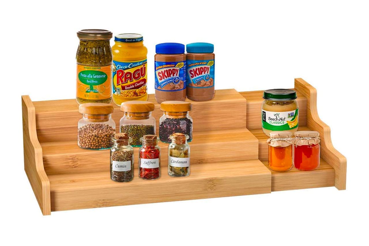 Spice Rack Kitchen Cabinet Organizer- 3 Tier Bamboo Expandable Display Shelf Credit: Amazon