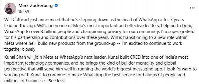 Kunal Shah has resigned as CRED CEO and joined Meta as global Head of WhatsApp. Meta also invested USD 900 million in CRED, valuing it at USD 4.5 billion. Miten Sampat becomes interim CEO as CRED continues expansion and IPO preparations. Kunal Shah has resigned as CRED CEO and joined Meta as global Head of WhatsApp. Meta also invested USD 900 million in CRED, valuing it at USD 4.5 billion. Miten Sampat becomes interim CEO as CRED continues expansion and IPO preparations.