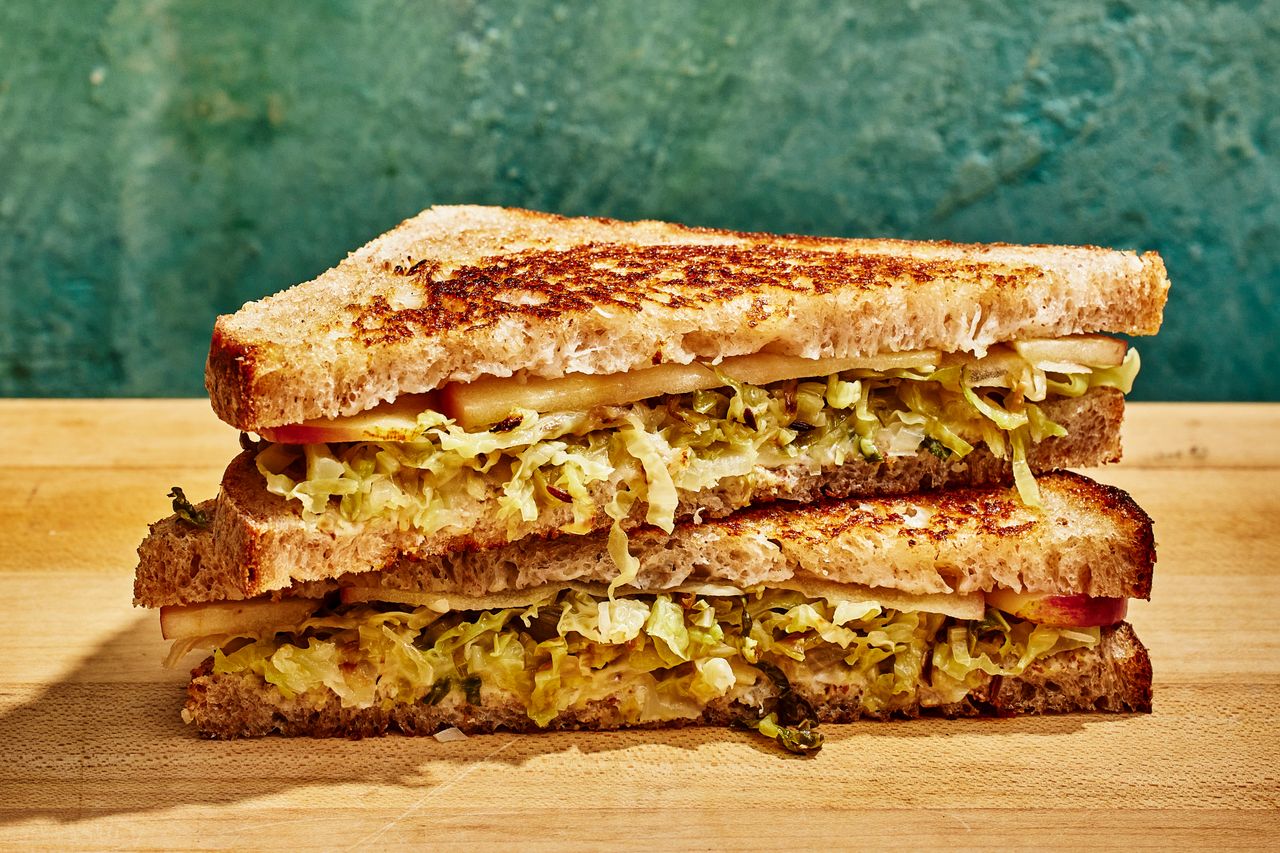 a recipe photo of the Cabbage Grilled Cheese Credit: Photographer: Morgan Hunt Glaze, Prop Stylist: Lydia Pursell, Food Stylist: Emily Nabors Hall