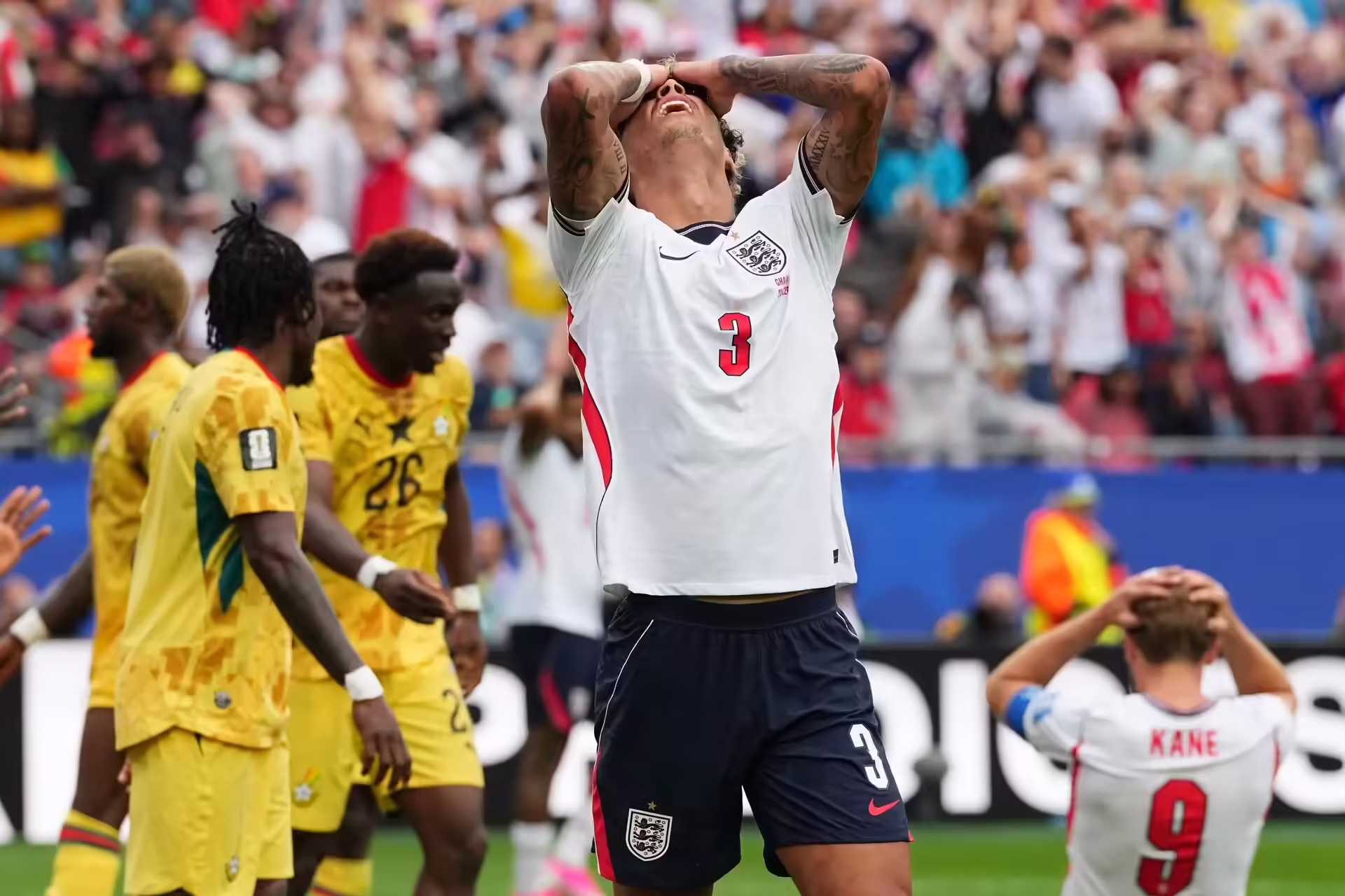 England's Nico O'Reilly (3) reacts during the World Cup Group L soccer match between England and Ghana in Foxborough, Mass., near Boston, Tuesday, June 23, 2026. (AP Photo/Martin Meissner) APTOPIX Ghana England WCup Soccer